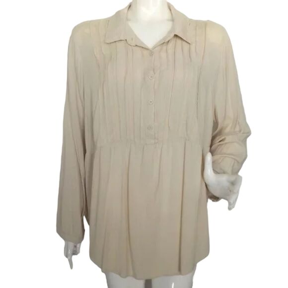TORRID Blouse, 2/2X, Beige, Long sleeve, Ribbed bib, Half Button, Collar - Picture 1 of 14
